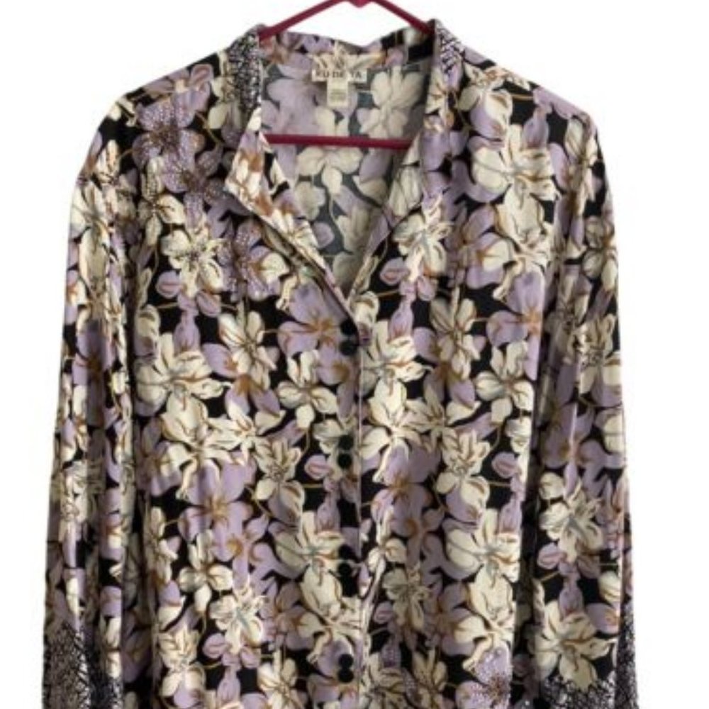 Ku De Ta Womens Tropical Sequined Blouse 3X Multicolor Flowered Long Sle…